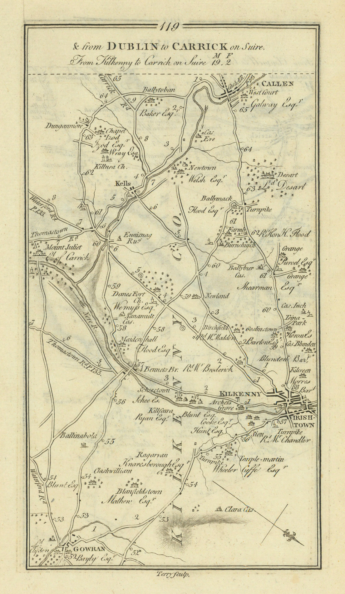 #119 Dublin to Carrick. Callan Kilkenny Gowran Kells. TAYLOR/SKINNER 1778 map