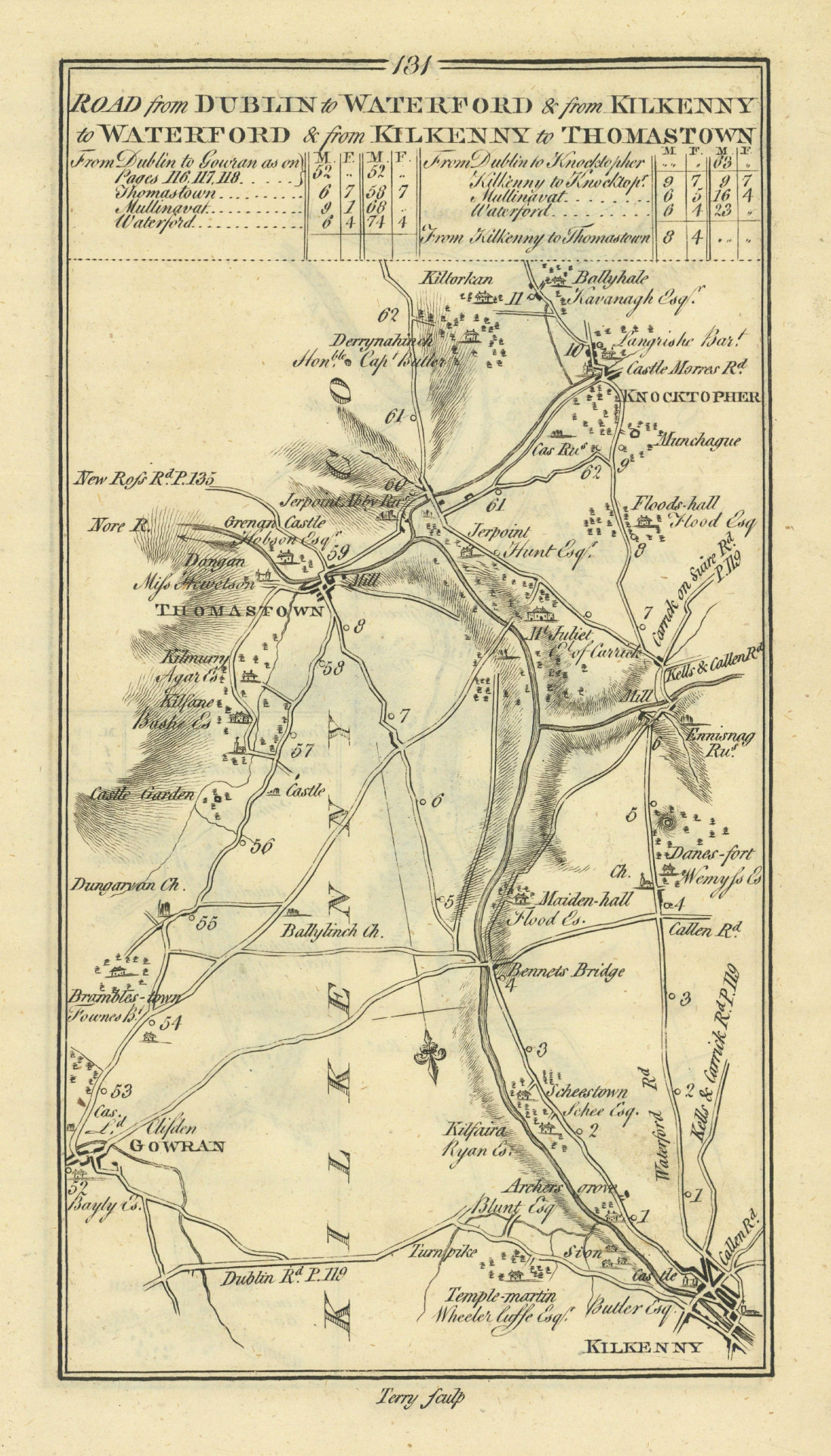 #131 Kilkenny to Thomastown. Knocktopher Gowran. TAYLOR/SKINNER 1778 old map