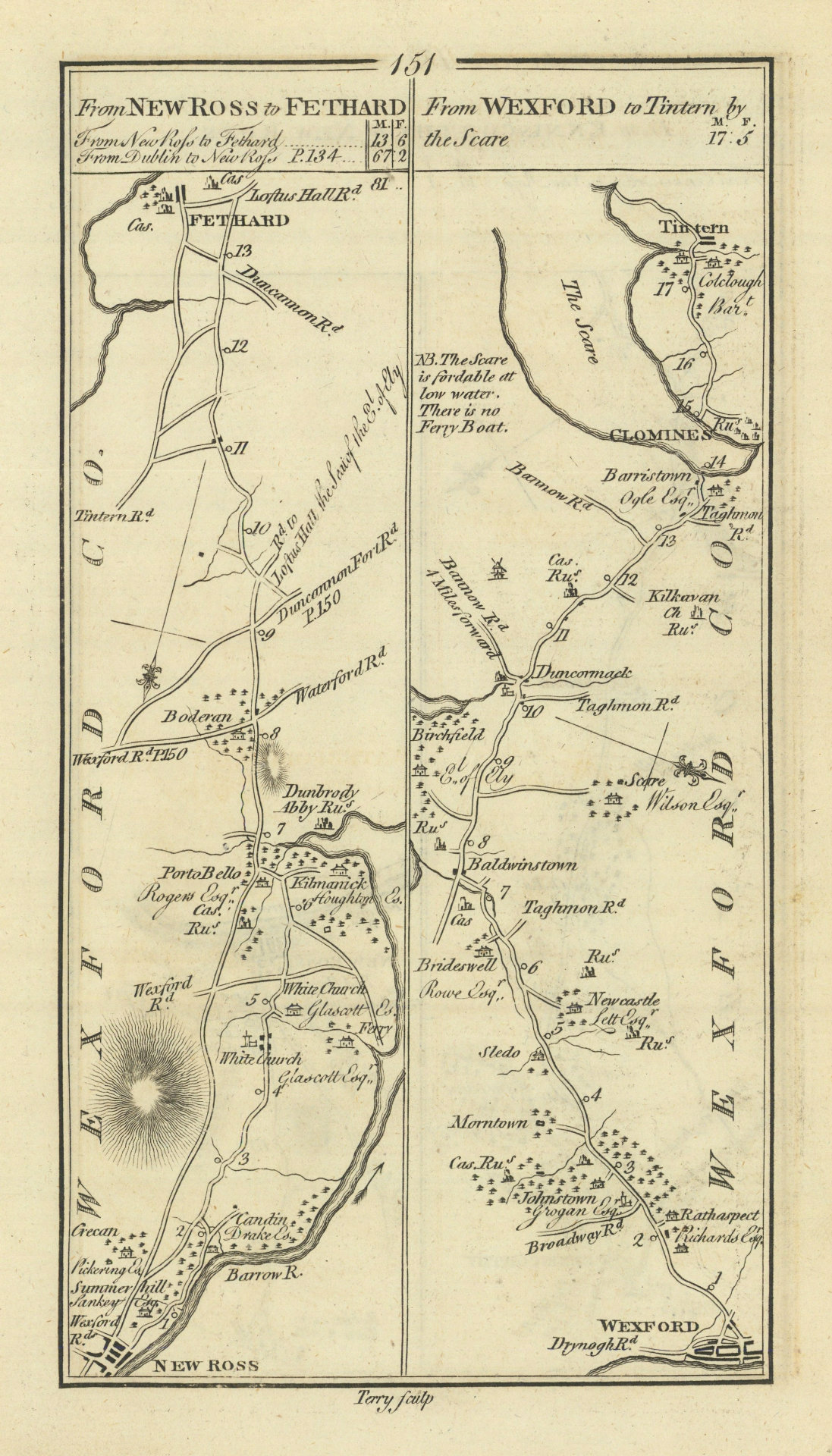 #151 New Ross to Fethard / Wexford to Tintern. Clonmines TAYLOR/SKINNER 1778 map
