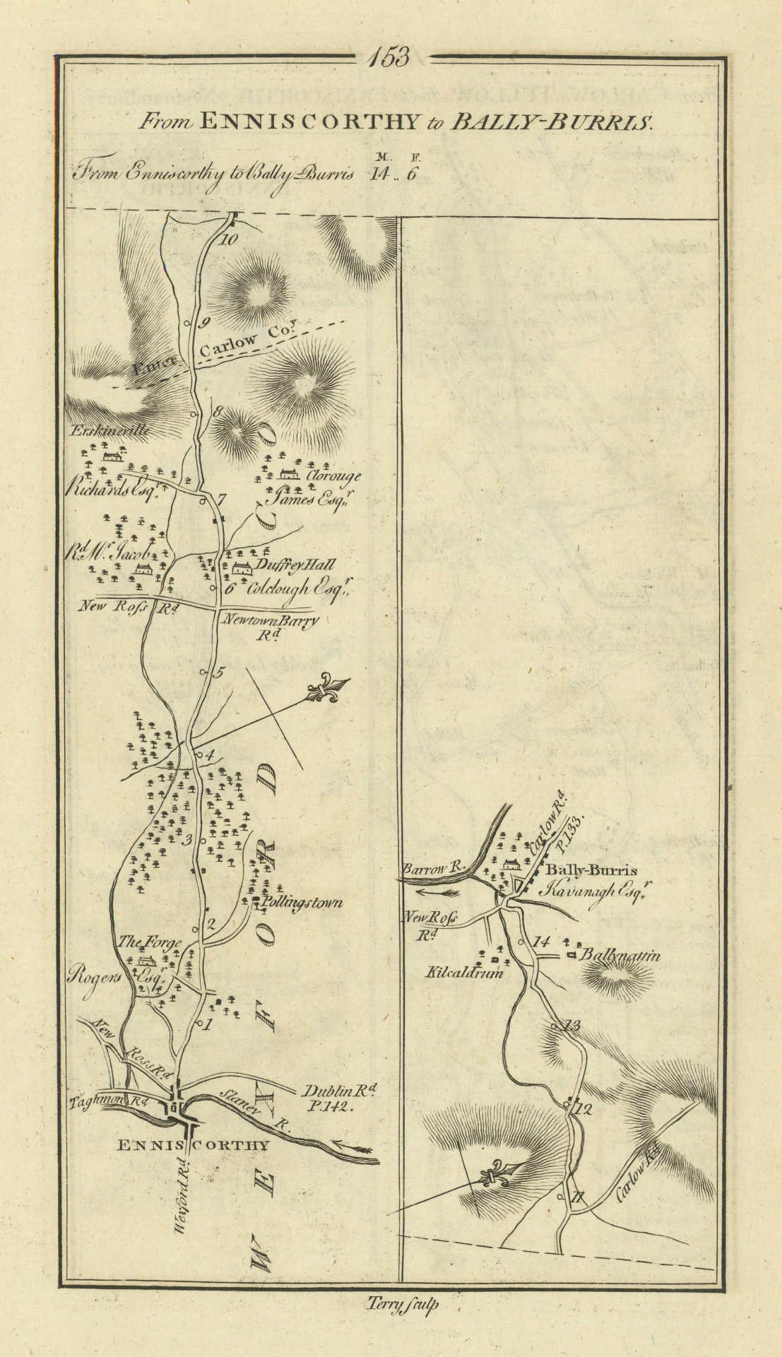 #153 Enniscorthy to Bally Burris. Borris Carlow Wexford. TAYLOR/SKINNER 1778 map