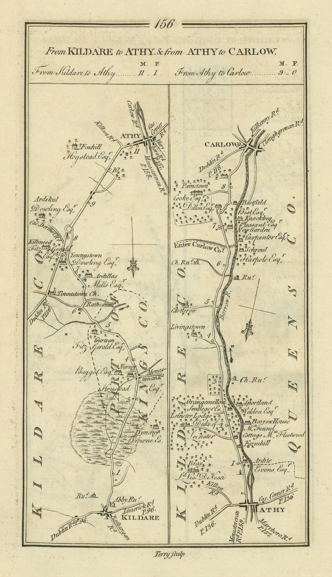 #156 Kildare to Athy & Athy to Carlow. TAYLOR/SKINNER 1778 old antique map