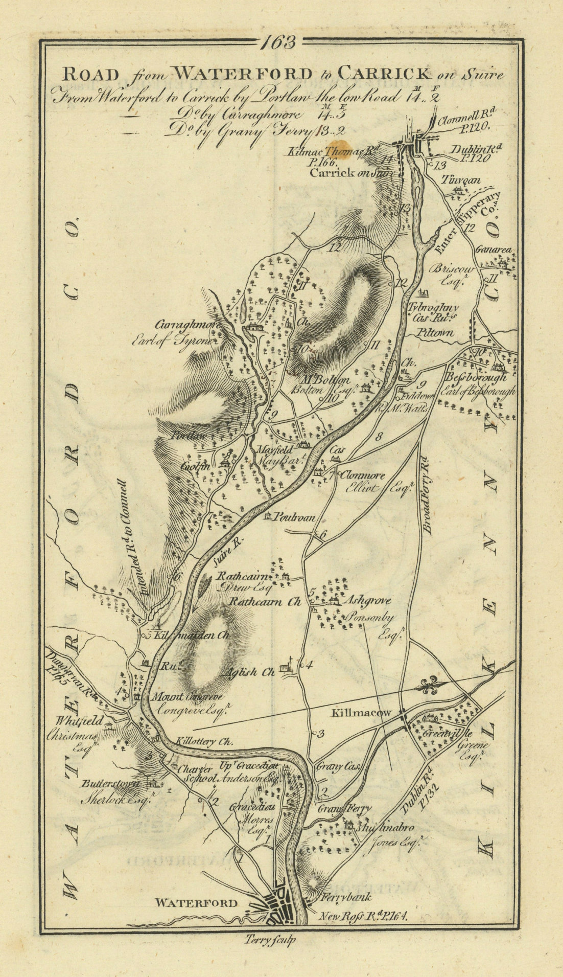 #163 Waterford to Carrick-on-Suir. Kilmacow Kilkenny. TAYLOR/SKINNER 1778 map