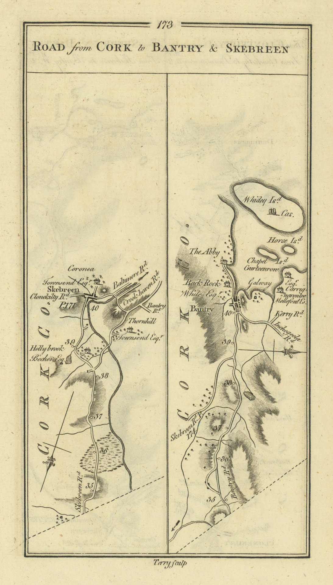 #173 Road from Cork to Bantry & Skebreen. Skibbereen. TAYLOR/SKINNER 1778 map
