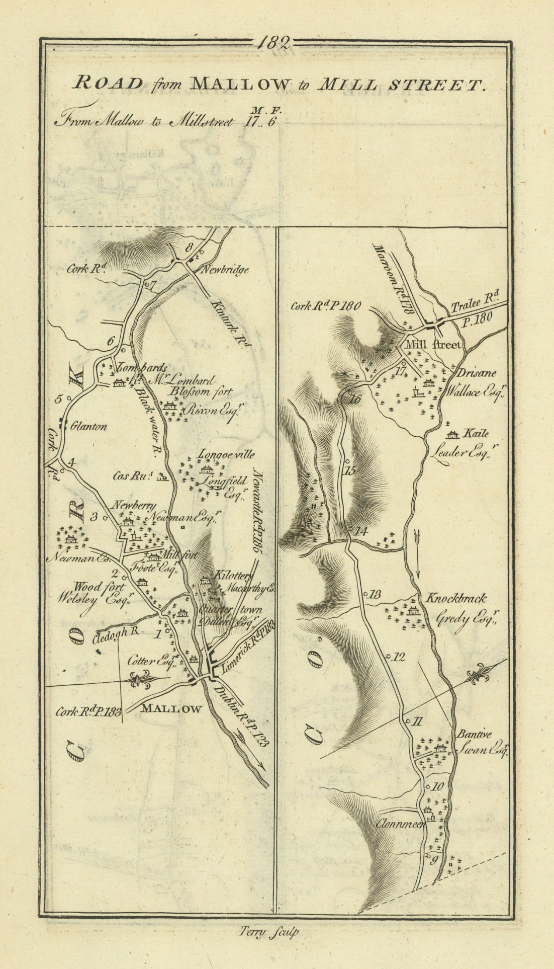 #182 Road from Mallow to Mill Street. Millstreet Cork. TAYLOR/SKINNER 1778 map