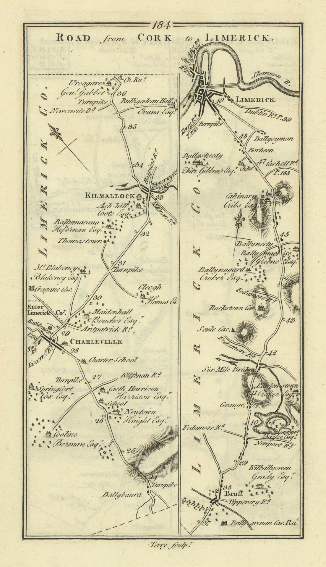 #184 Cork to Limerick. Charleville Kilmallock Bruff. TAYLOR/SKINNER 1778 map