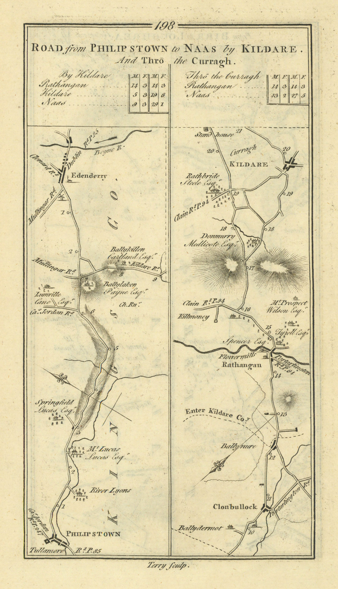 #198 Daingean to… Kildare. Rathangan Edenderry. TAYLOR/SKINNER 1778 old map