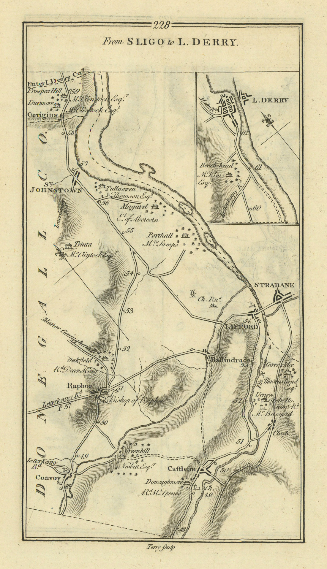 #228 Sligo to Londonderry. Strabane Lifford Convoy. TAYLOR/SKINNER 1778 map