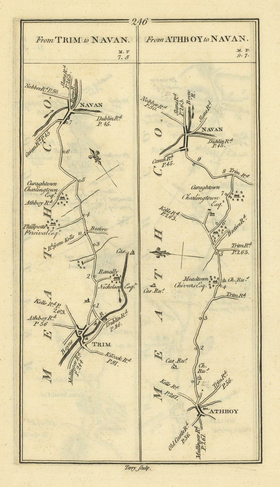 #246 From Trim to Navan / Athboy to Navan. Meath. TAYLOR/SKINNER 1778 old map