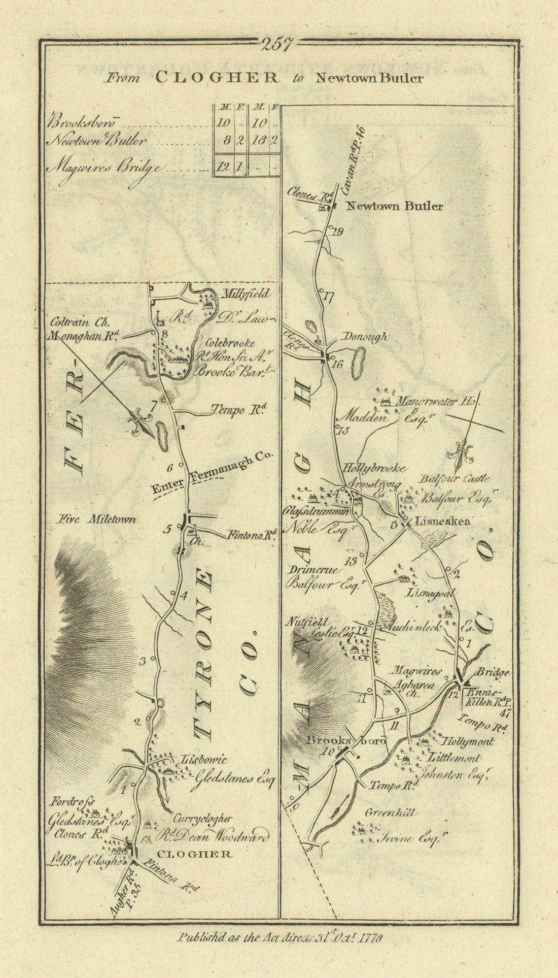 #257 Clogher to Newtownbutler. Lisnaskea Maguiresbridge. TAYLOR/SKINNER 1778 map