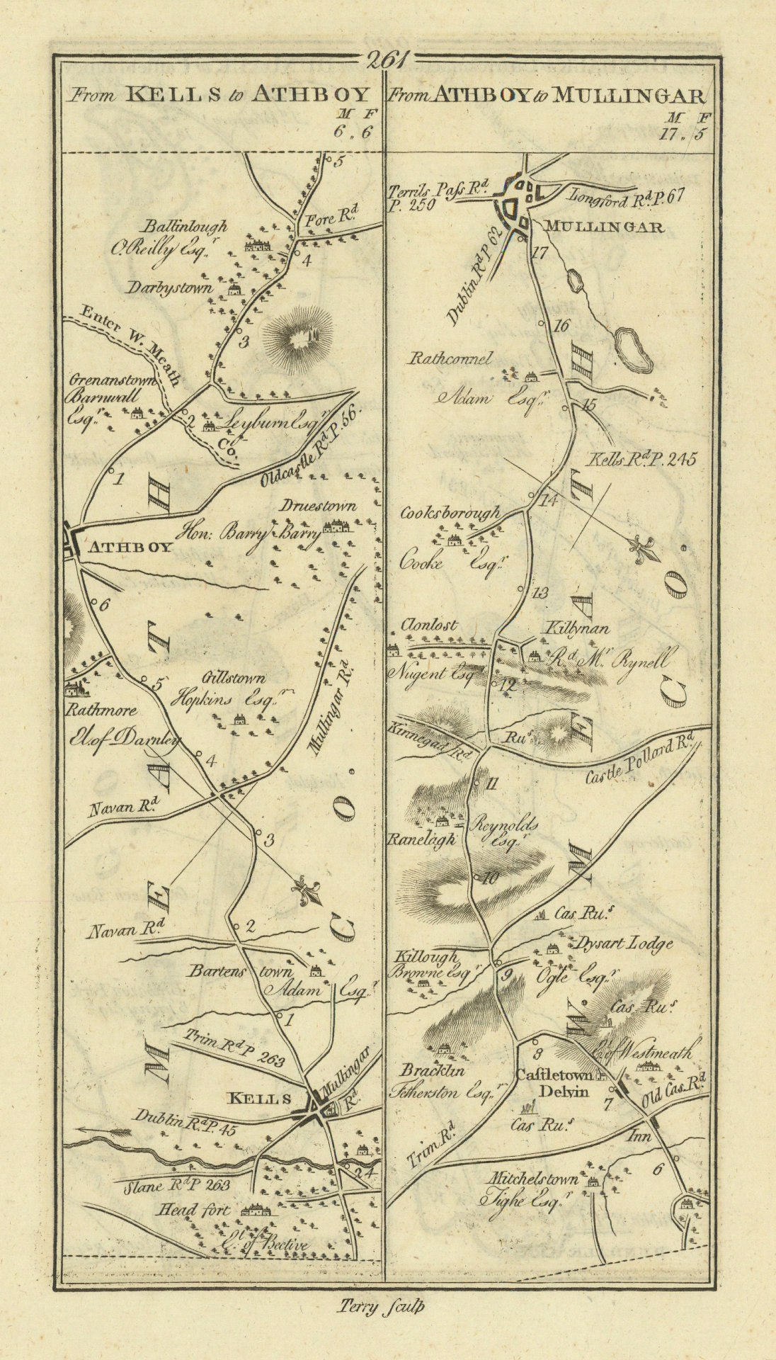 #261 Kells to Athboy & Mullingar. Delvin Westmeath Meath TAYLOR/SKINNER 1778 map