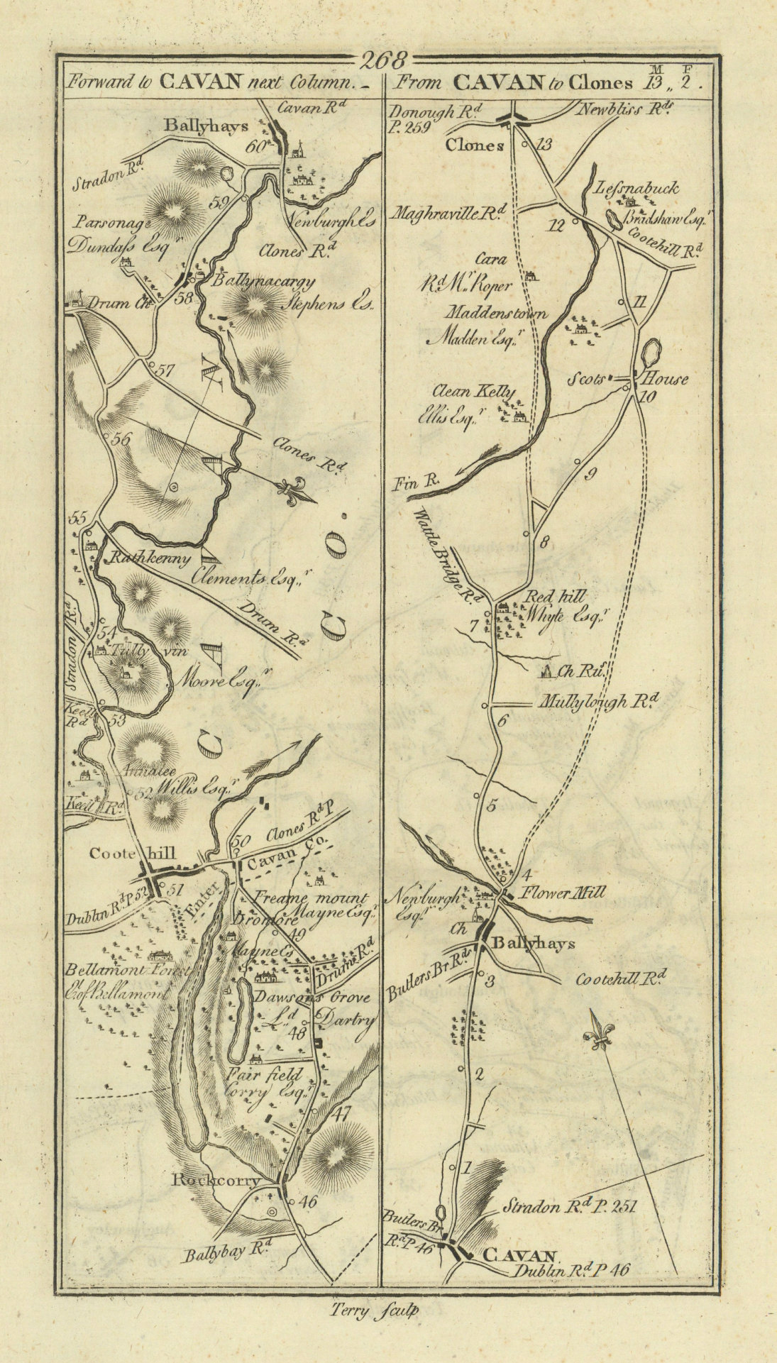 #268 Cavan to Clones. Ballyhaise Cootehill Rockcorry. TAYLOR/SKINNER 1778 map
