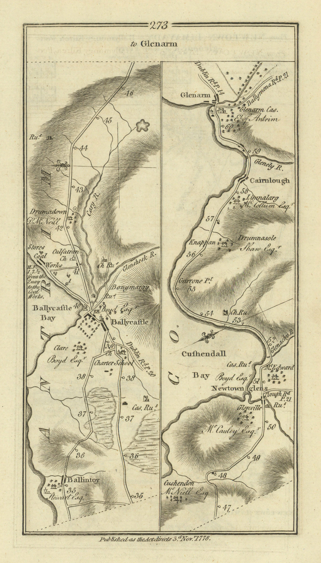 #273 to Glenarm. Ballycastle Cushendall Carnlough. TAYLOR/SKINNER 1778 old map