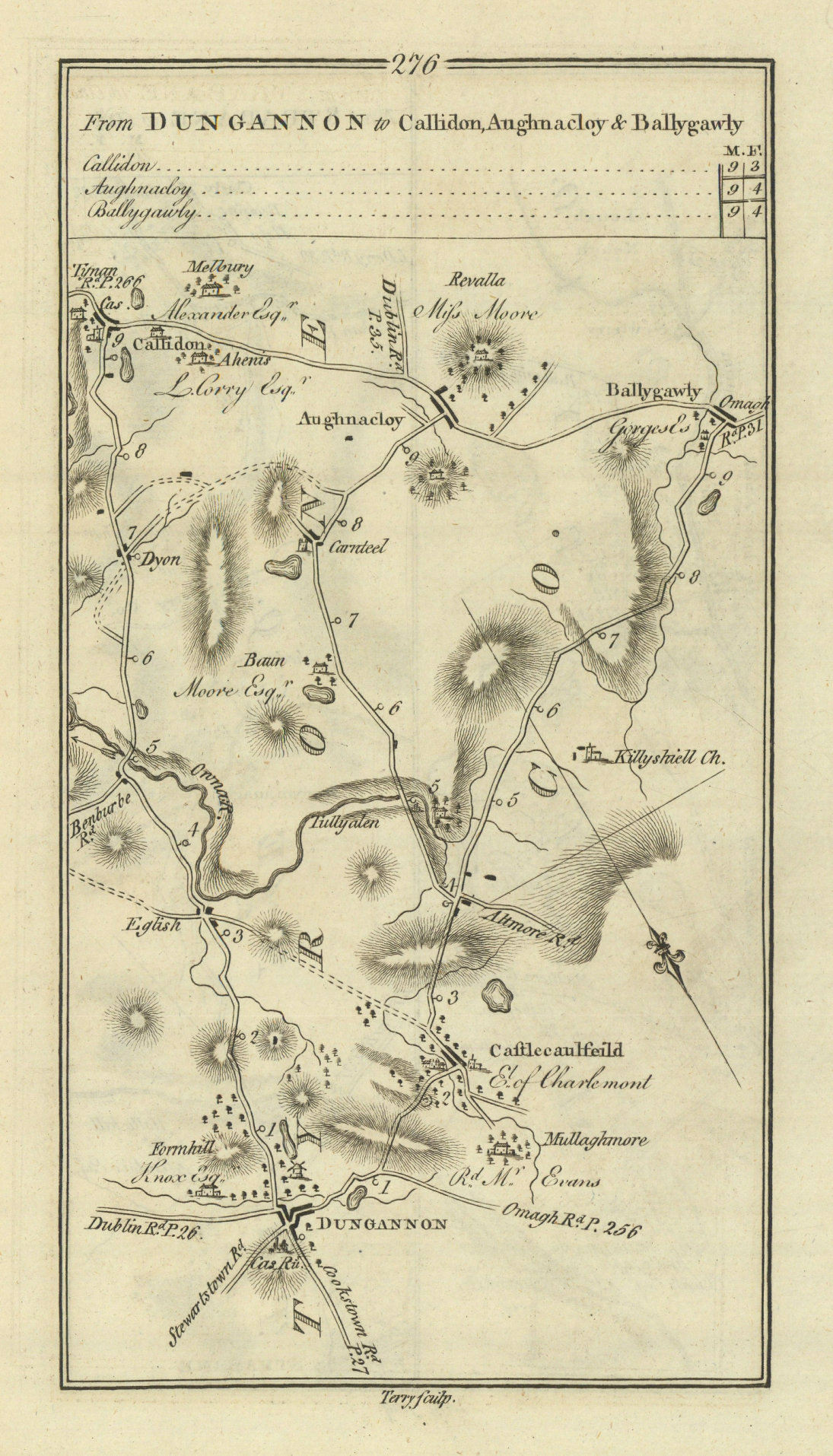 #276 Dungannon to Caledon, Aughnacloy & Ballygawley. TAYLOR/SKINNER 1778 map