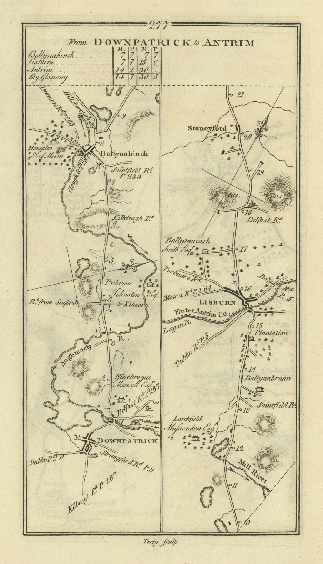 #277 Downpatrick to Antrim. Ballynahinch Lisburn. TAYLOR/SKINNER 1778 old map