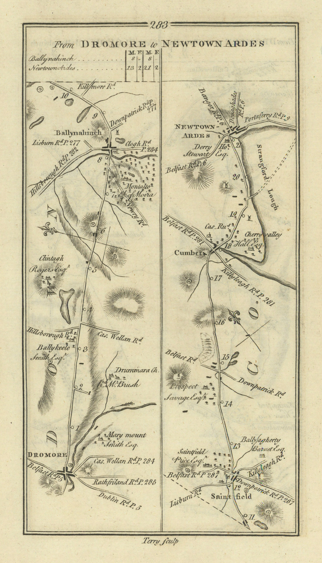 #283 Dromore to Newtownards. Ballynahinch Saintfield. TAYLOR/SKINNER 1778 map