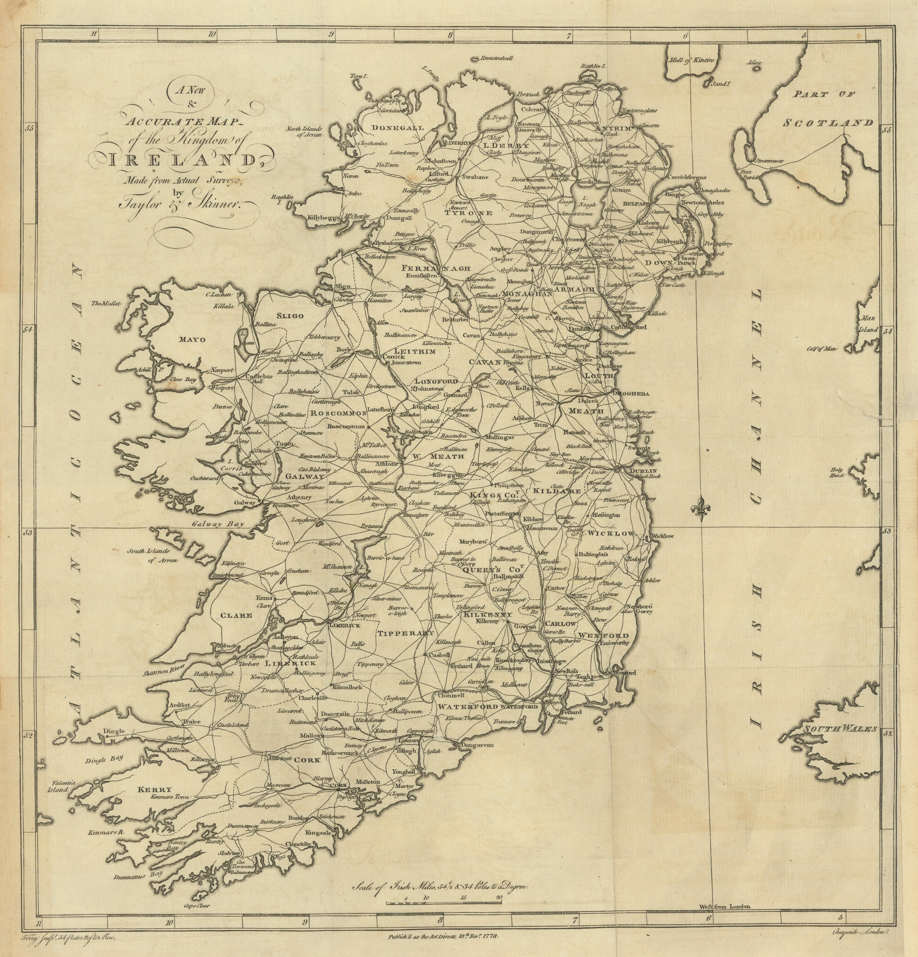 A New & Accurate Map of the Kingdom of Ireland, by Taylor & Skinner 1778