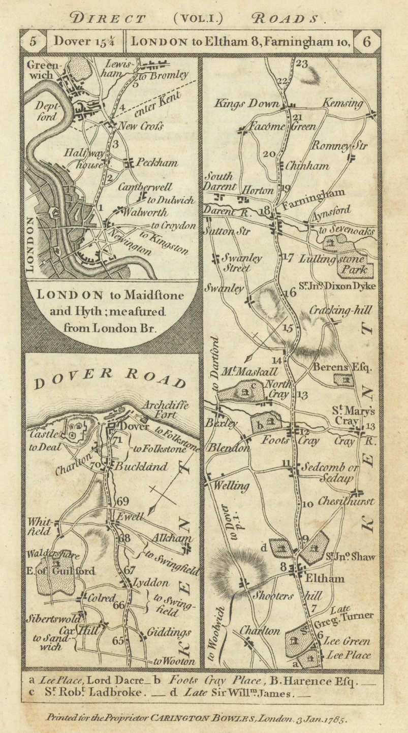 Dover. London - Greenwich road strip map PATERSON 1785 old antique chart