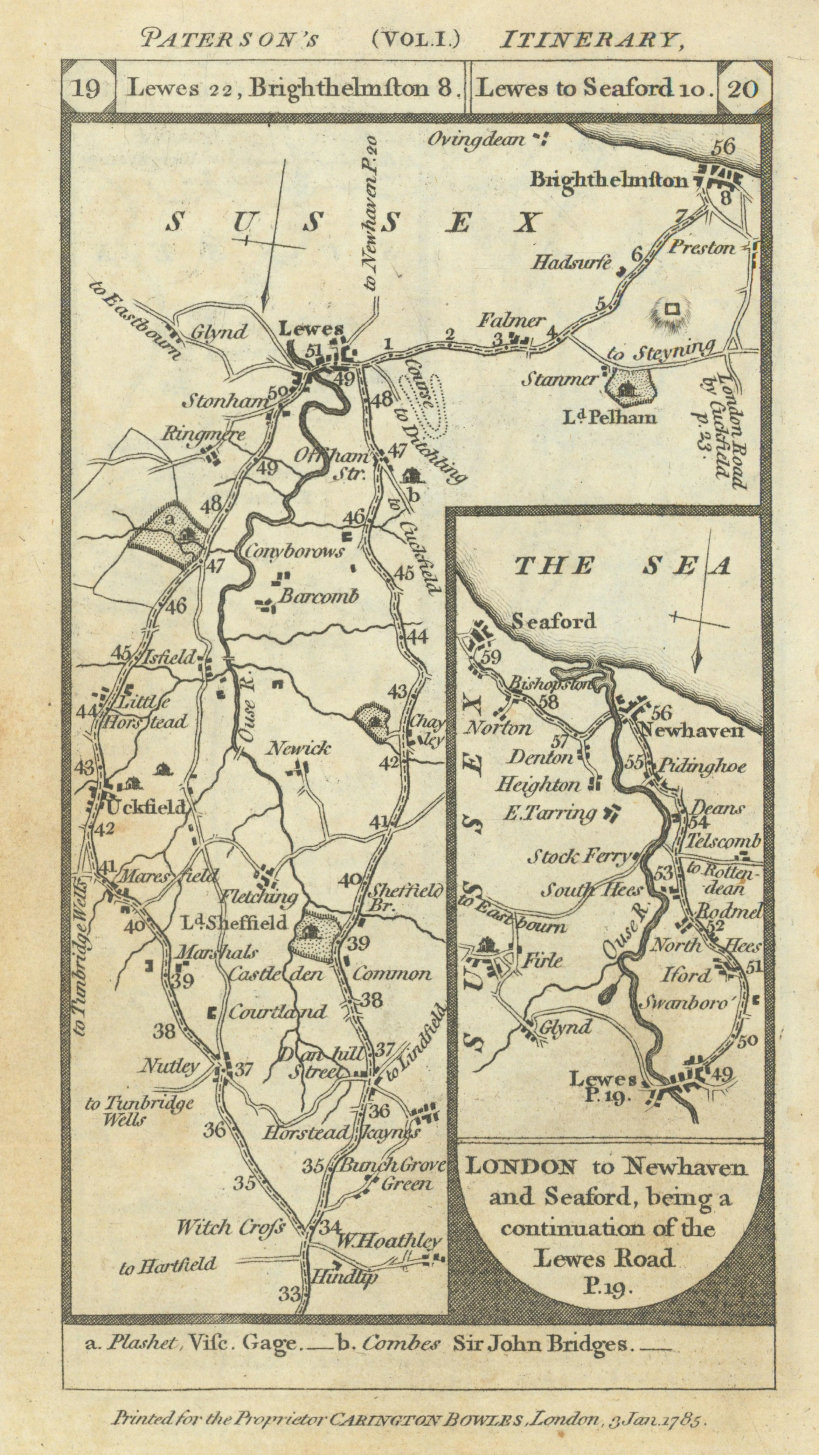 Newhaven-Lewes-Brighton-Shoreham by Sea road map by J. OWEN & E. BOWEN 1753