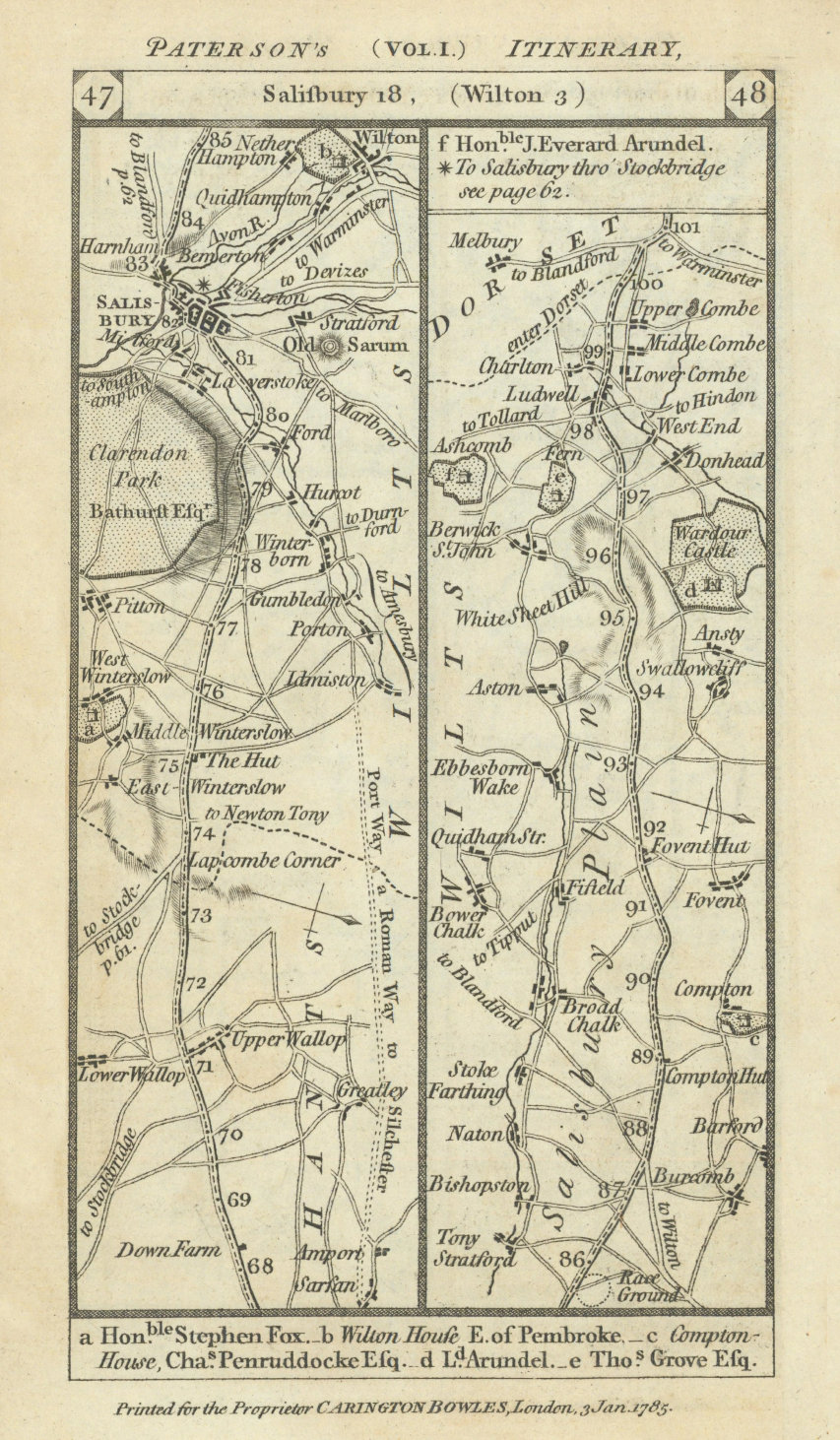 Associate Product Middle Wallop-Salisbury-Broad Chalke-Ludwell road strip map PATERSON 1785
