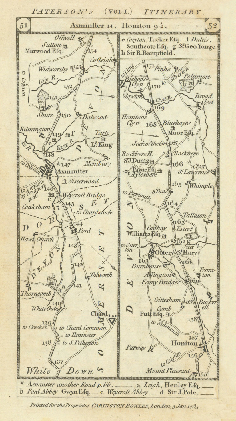 Chulmleigh - Barnstaple - Bideford road strip map PATERSON 1785 old