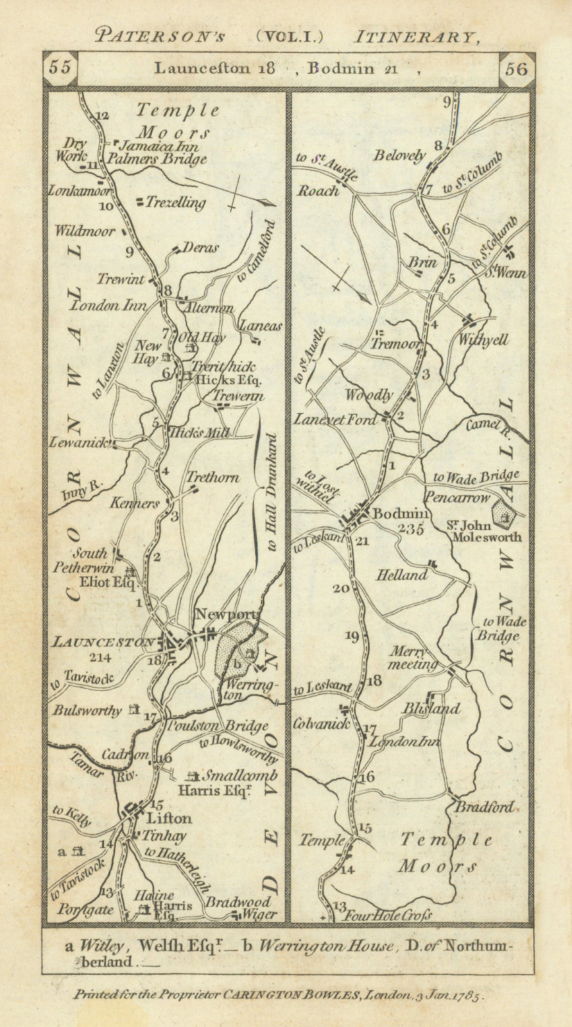 Associate Product Lifton - Launceston - Bodmin - Withiel road strip map PATERSON 1785 old