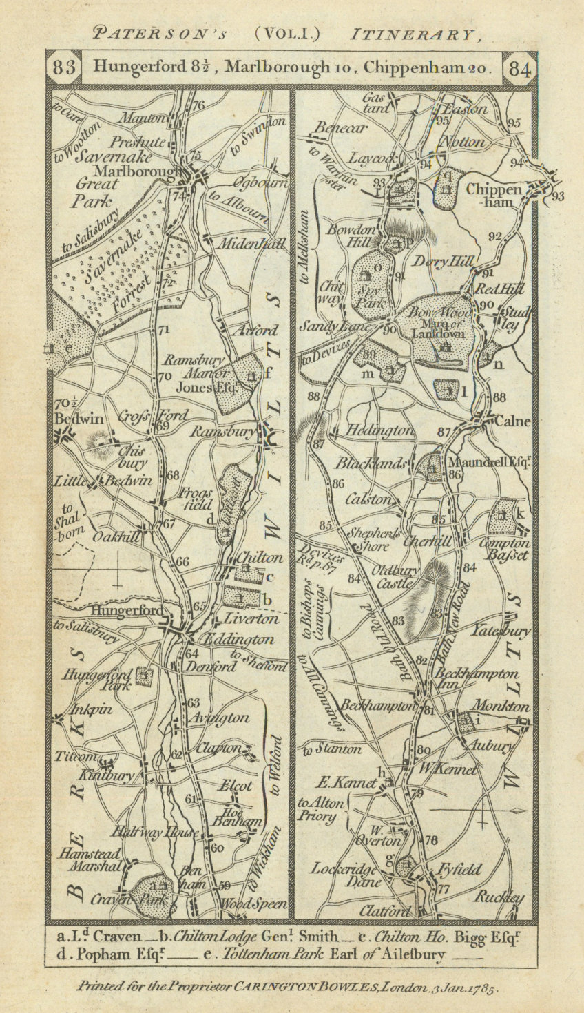Associate Product Hungerford-Marlborough-Cherhill-Calne-Laycock road strip map PATERSON 1785