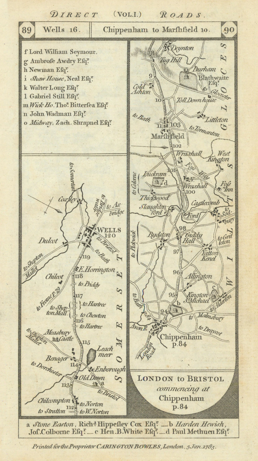 Associate Product Nunney-Bruton. Chippenham-Biddestone-Doynton road strip map PATERSON 1785