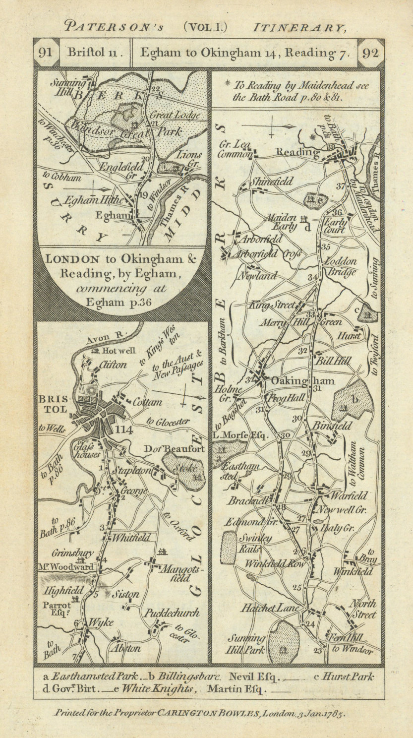 Associate Product Wick-Bristol Egham-Bracknell-Wokingham-Reading road strip map PATERSON 1785