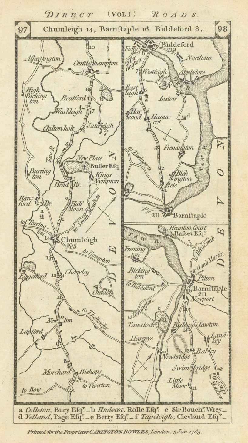 Chulmleigh Barnstaple Bideford road strip map PATERSON 1785 old