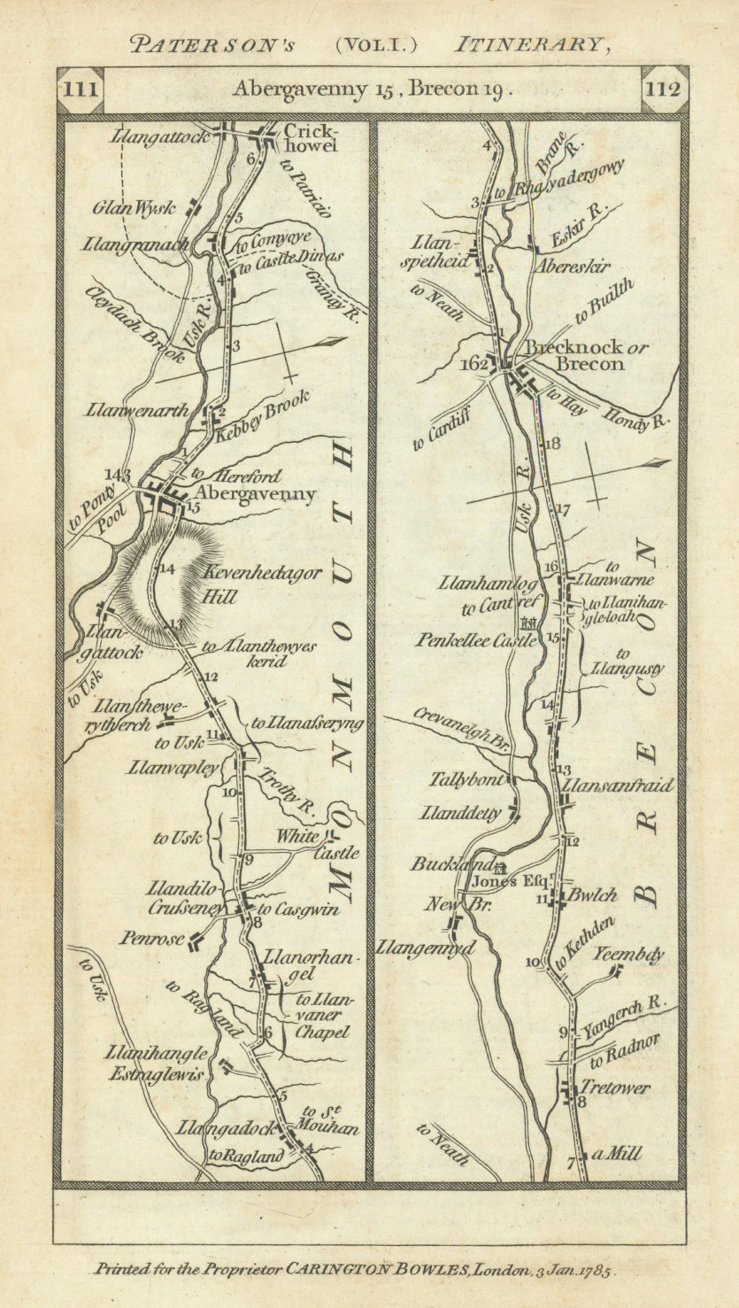 Associate Product Abergavenny - Crickhowell - Brecon road strip map PATERSON 1785 old