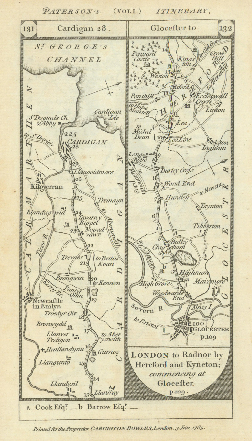 Associate Product Newcastle Emlyn-Cardigan. Gloucester-Huntley road strip map PATERSON 1785