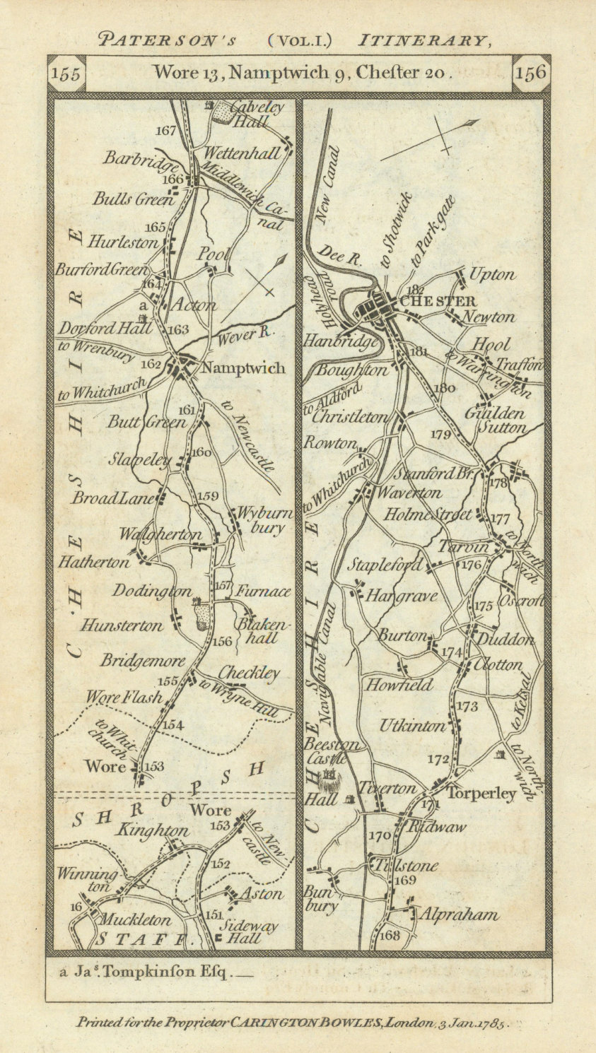 Associate Product Nantwich - Tarporley - Chester road strip map PATERSON 1785 old antique