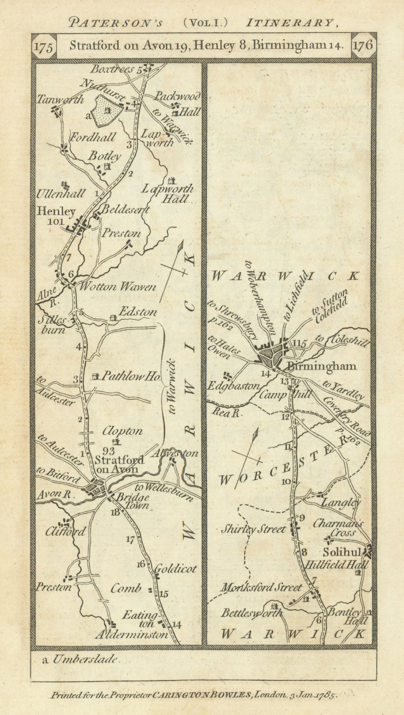 Associate Product Stratford/Avon-Henley/Arden-Solihull-Birmingham road strip map PATERSON 1785