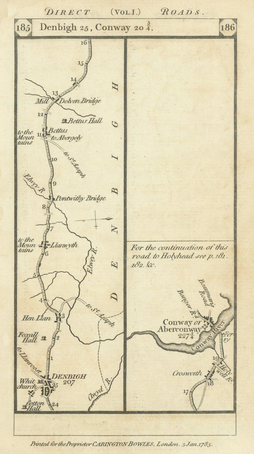 Denbigh - Betws-yn-Rhos - Dolwen - Conwy road strip map PATERSON 1785 old