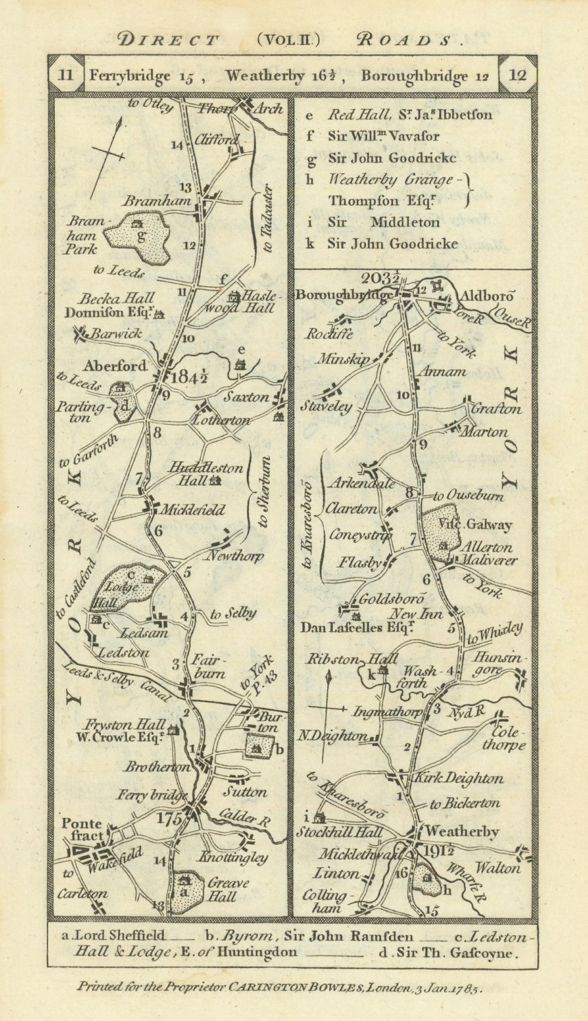 Associate Product Pontefract-Aberford-Wetherby-Boroughbridge road strip map PATERSON 1785