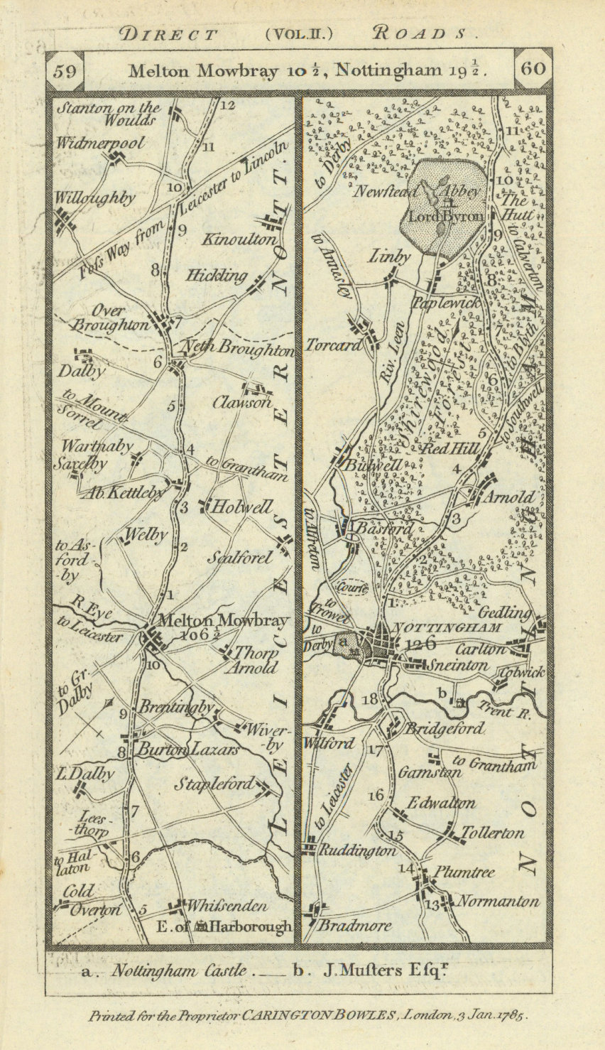Associate Product Melton Mowbray-Broughton-Nottingham-Papplewick road strip map PATERSON 1785