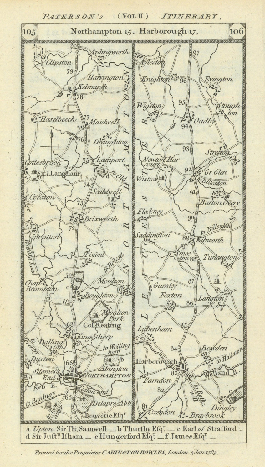 Associate Product Northampton-Market Harborough-Kibworth-Oadby road strip map PATERSON 1785
