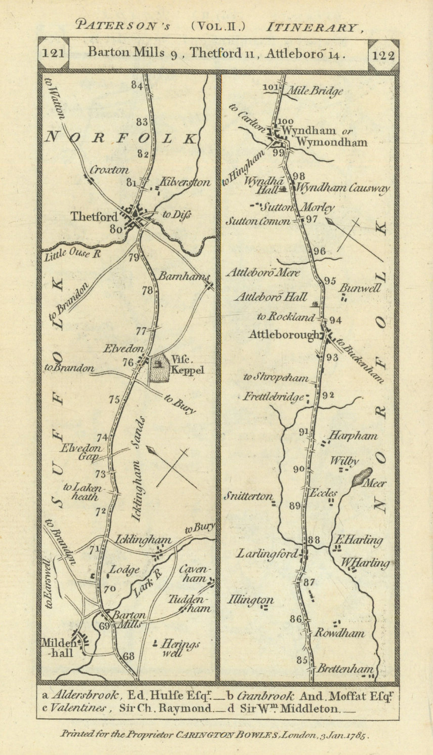 Associate Product Mildenhall-Thetford-Attleborough-Wymondham road strip map PATERSON 1785