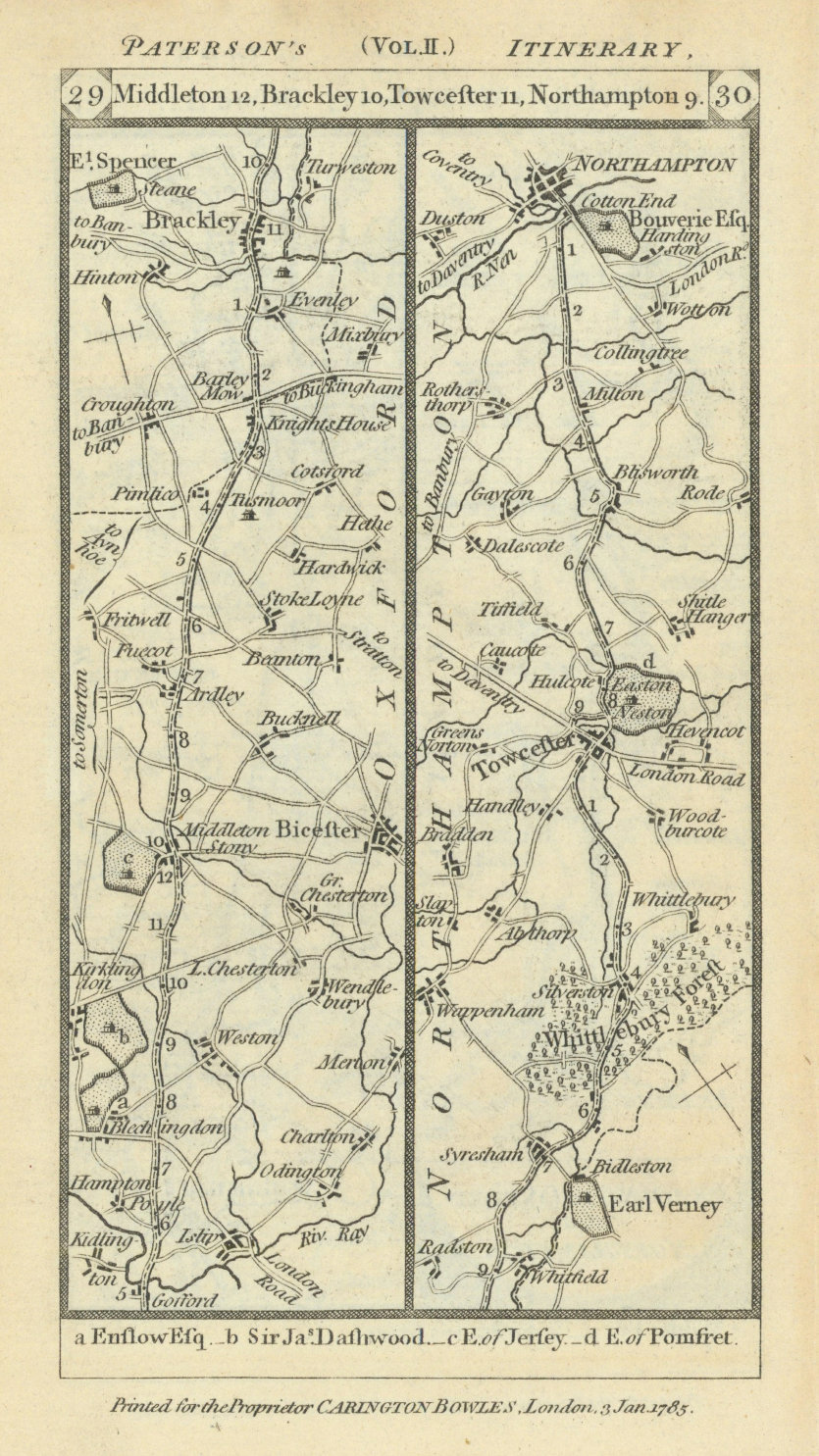 Associate Product Bicester - Brackley - Towcester - Northampton road strip map PATERSON 1785