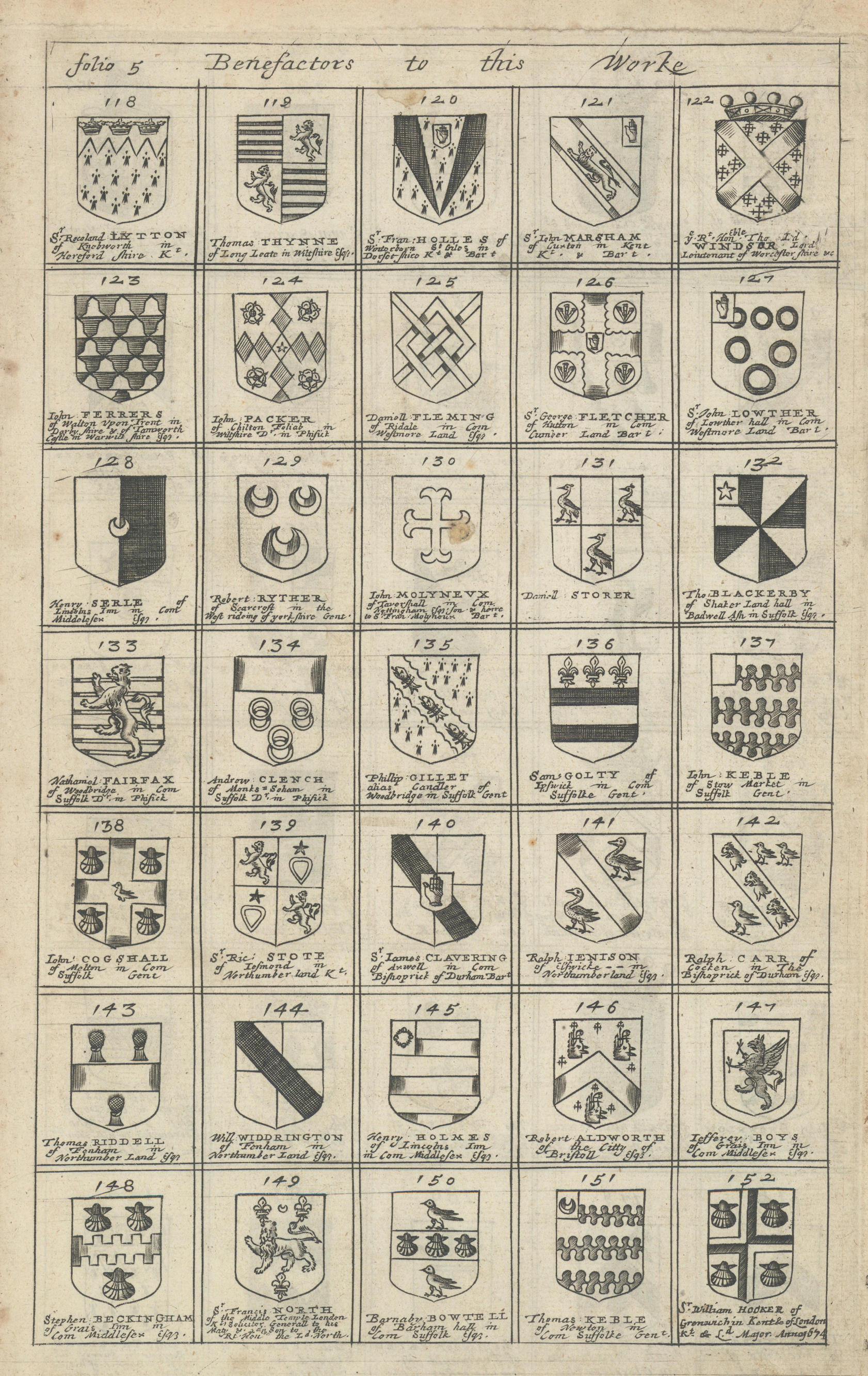 Associate Product Family coats of arms of benefactors to Blome's Britannia. Folio 5 #118-152 1673