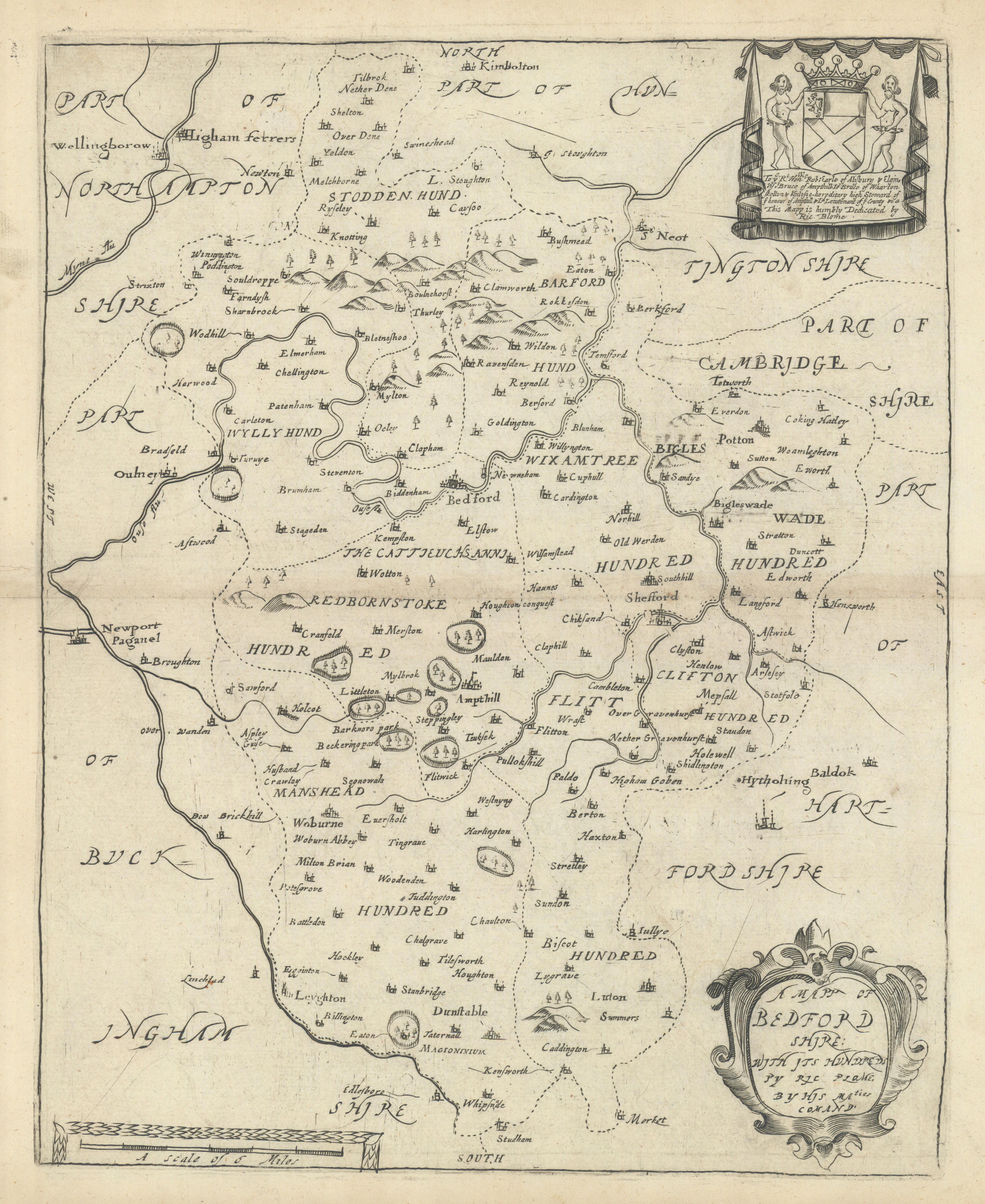 Associate Product A Mapp of Bedford Shire: with its hundreds by Richard Blome 1673 old