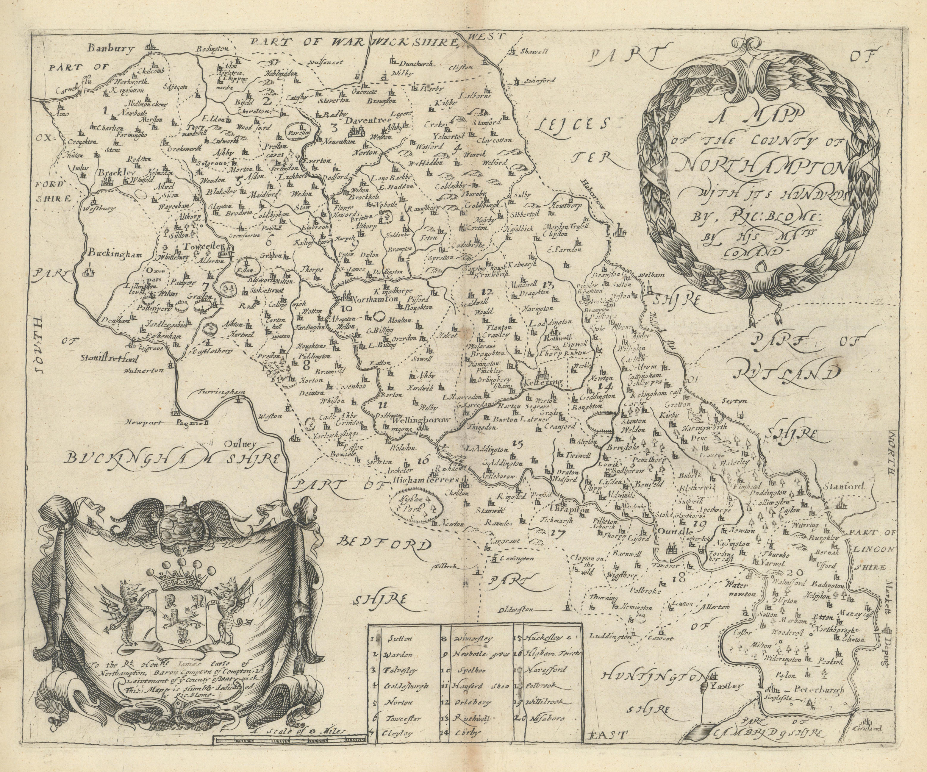 Associate Product A Mapp of the County of Northampton with its Hundreds by Richard Blome 1673