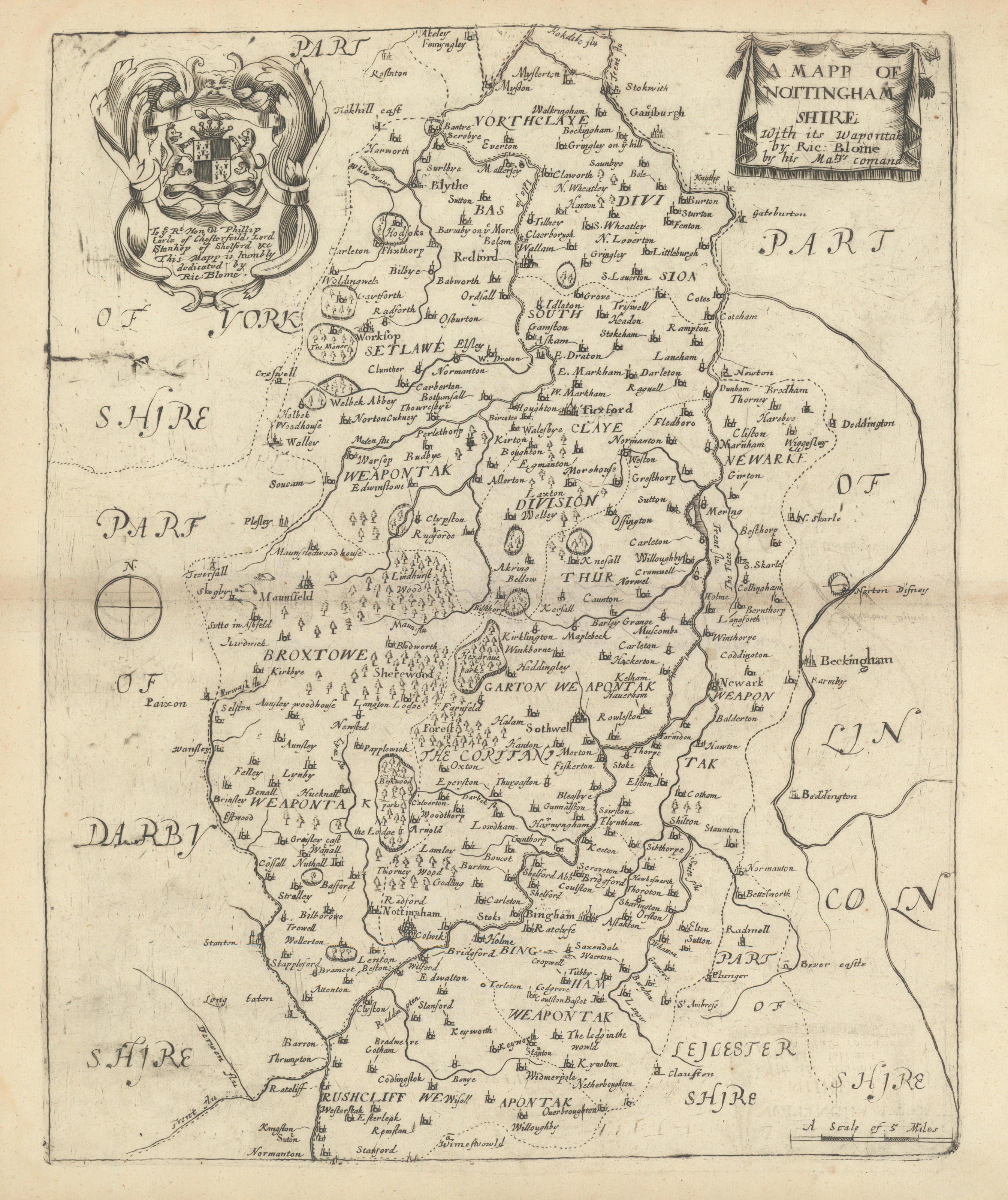 A Mapp of Nottingham Shire, with its Wapontaks by Richard Blome 1673 old