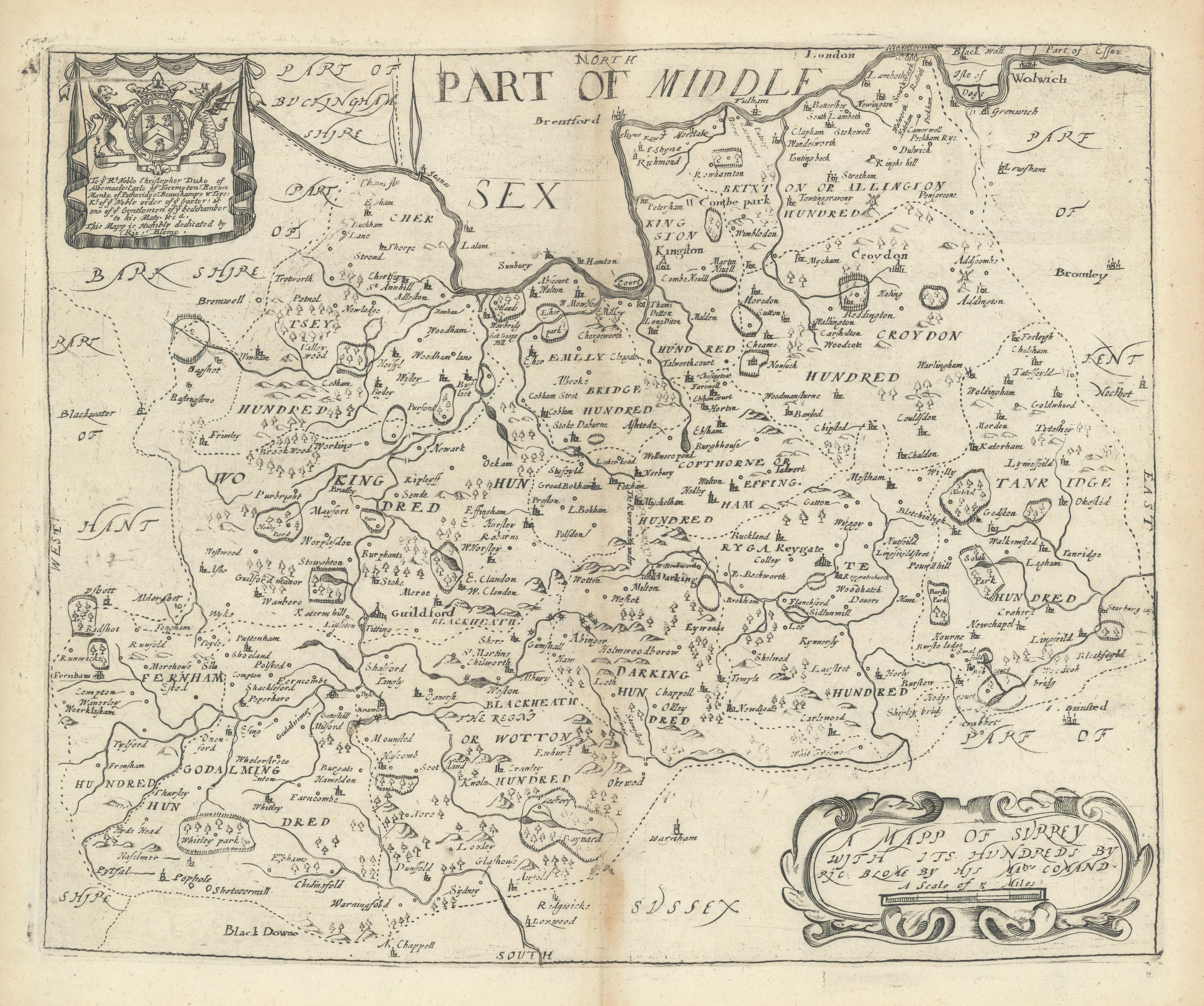 Associate Product A Mapp of Surrey with its Hundreds by Richard Blome 1673 old antique chart