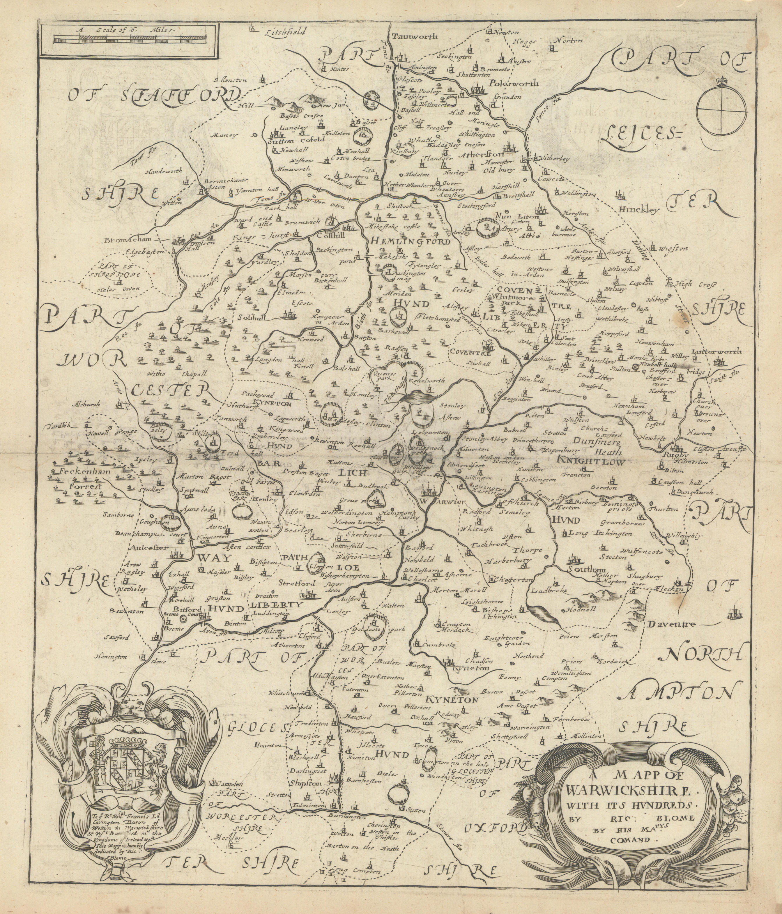 Associate Product A Mapp of Warwickshire with its Hundreds by Richard Blome 1673 old antique