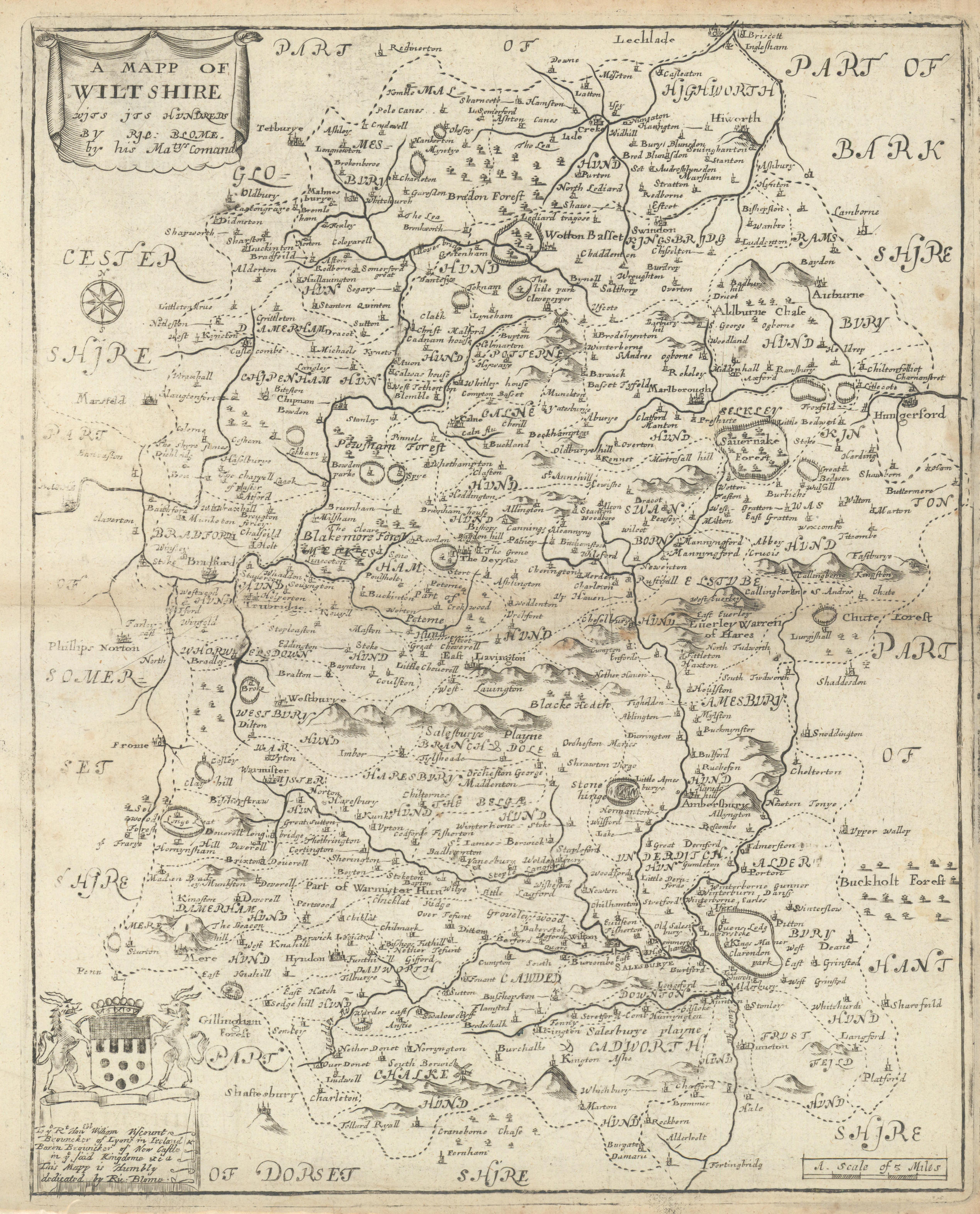 Antique County Map Of Wiltshire By Badeslade Toms 1742 Old Chart   P 6 105658a 