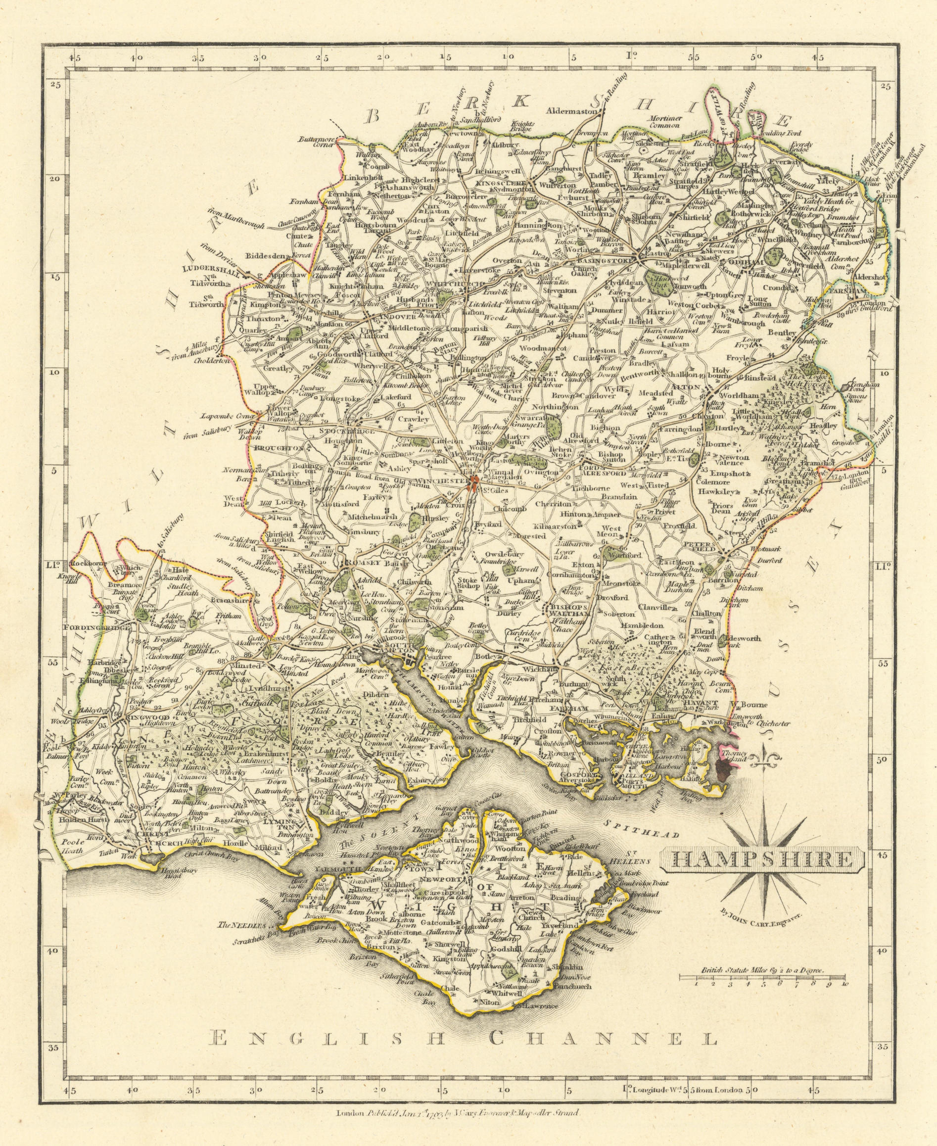 Associate Product Antique county map of HAMPSHIRE by JOHN CARY. Original outline colour 1793