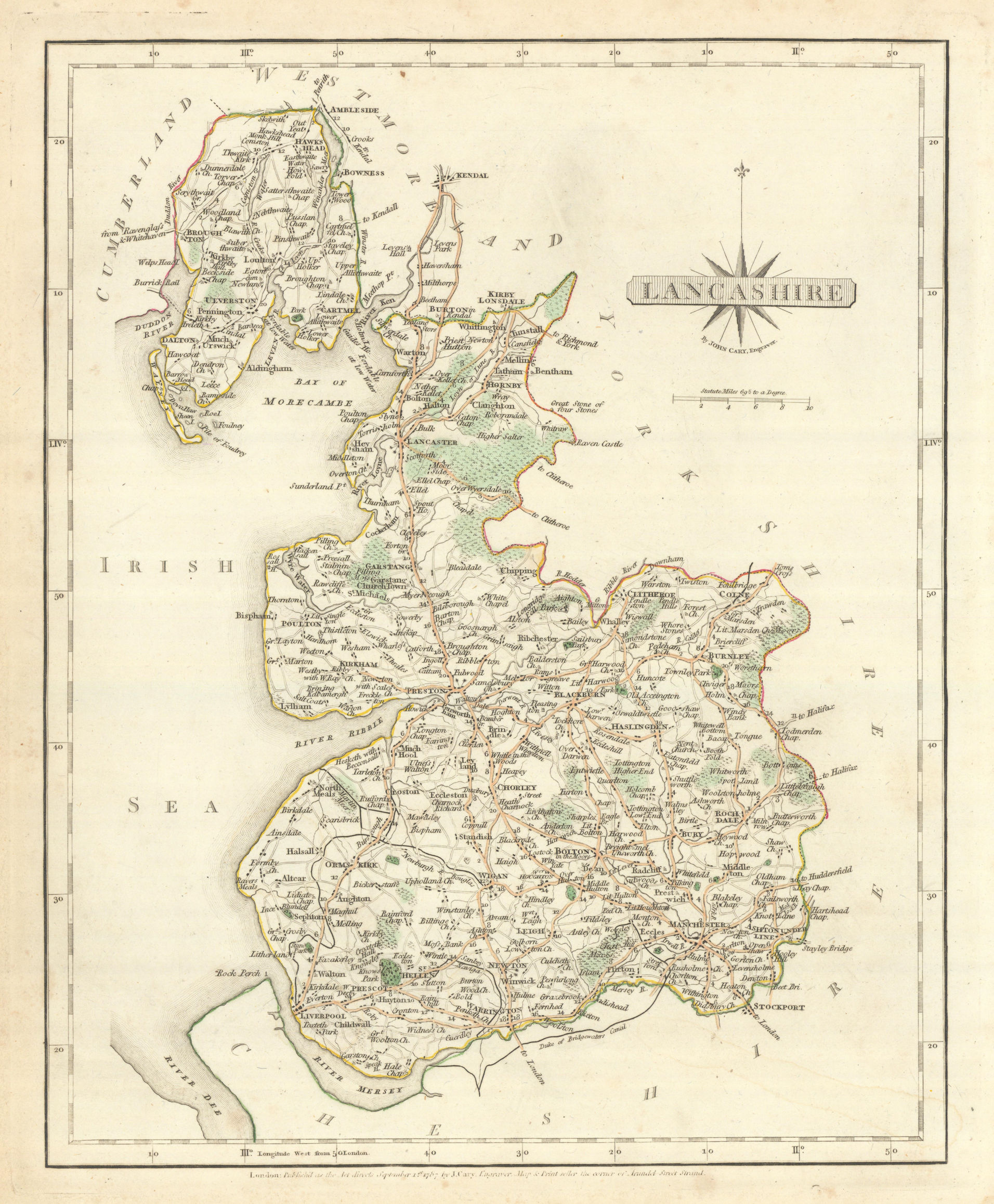 Antique county map of LANCASHIRE by JOHN CARY. Original outline colour 1793