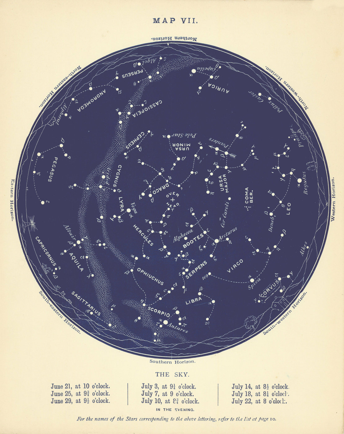 STAR MAP VII. The Night Sky. June-July. Astronomy. PROCTOR 1896 old