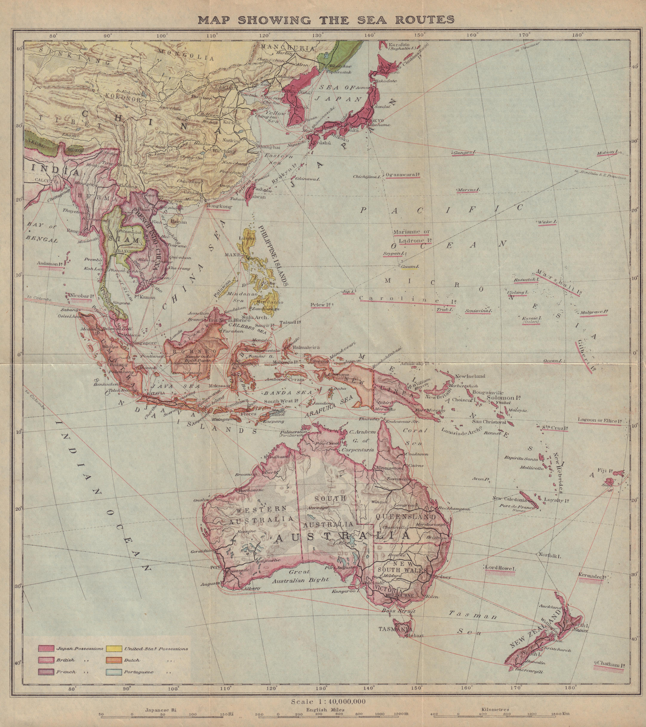 Associate Product East Asia, East Indies & Australasia sea & shipping routes 1917 old map